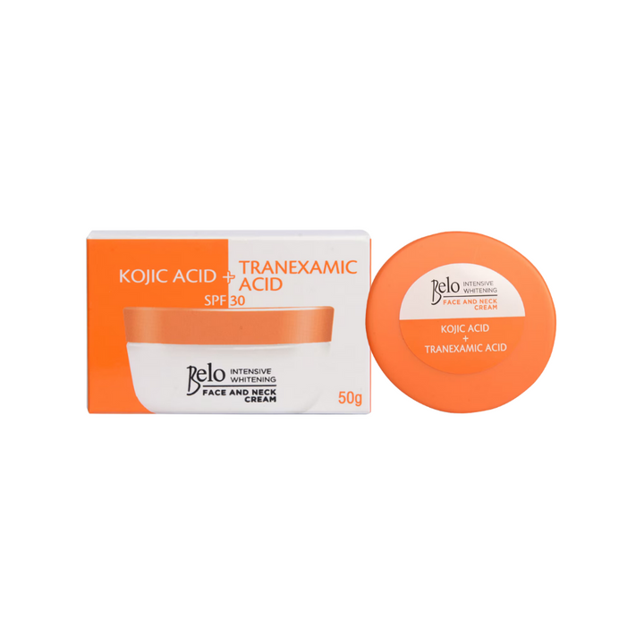 Belo Kojic Acid + Tranexamic Acid cream packaging and container on a white background