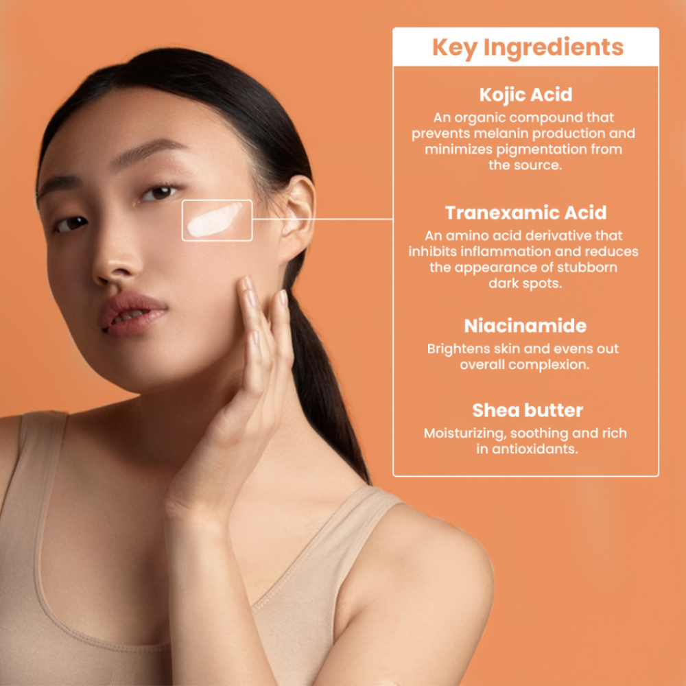 Woman touching her face with a list of key ingredients for skincare on an orange background