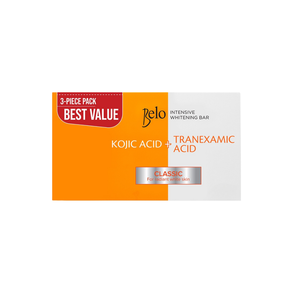 Belo 3-piece pack of intensive whitening bars with Kojic Acid and Tranexamic Acid on a white background.