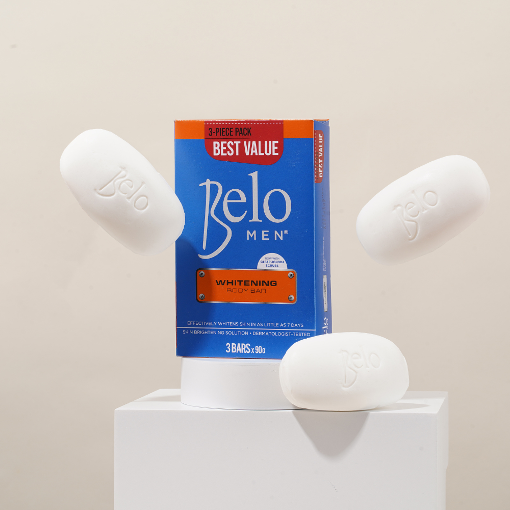 Belo Men whitening soap bars and packaging on a white background