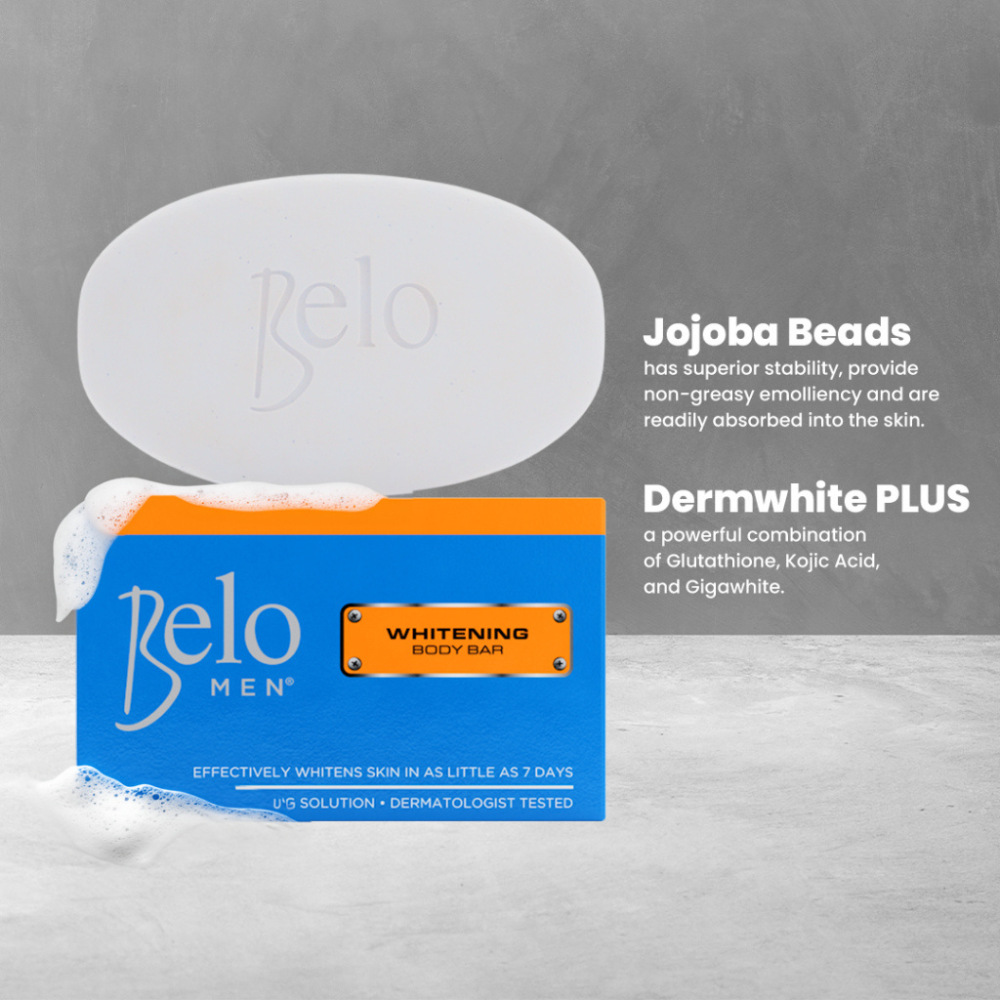 Belo Men Whitening Body Bar with packaging and branding details on a gray background