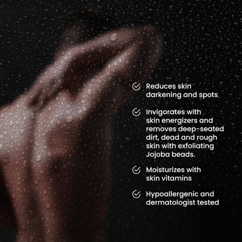 Hand with water droplets and text about skincare benefits on a dark background