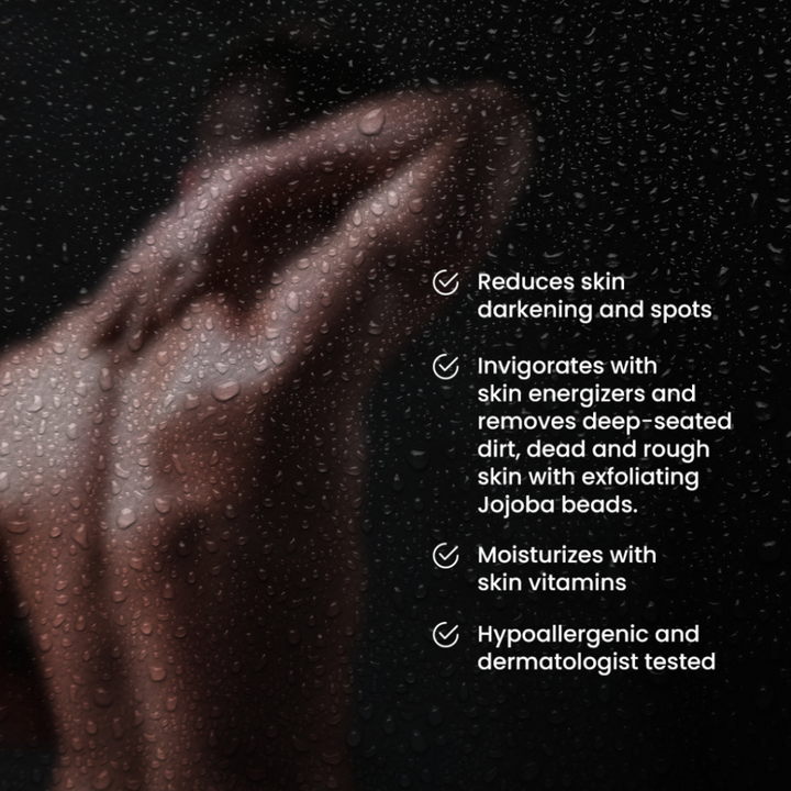 Hand with water droplets and text about skincare benefits on a dark background