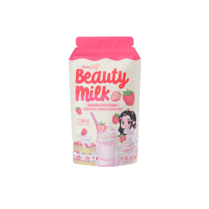 Dear Face Beauty Milk Strawberries and Cream - Ashwagandha +Glutathione + Collagen Drink