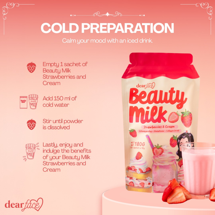 Dear Face Beauty Milk Strawberries and Cream - Ashwagandha +Glutathione + Collagen Drink