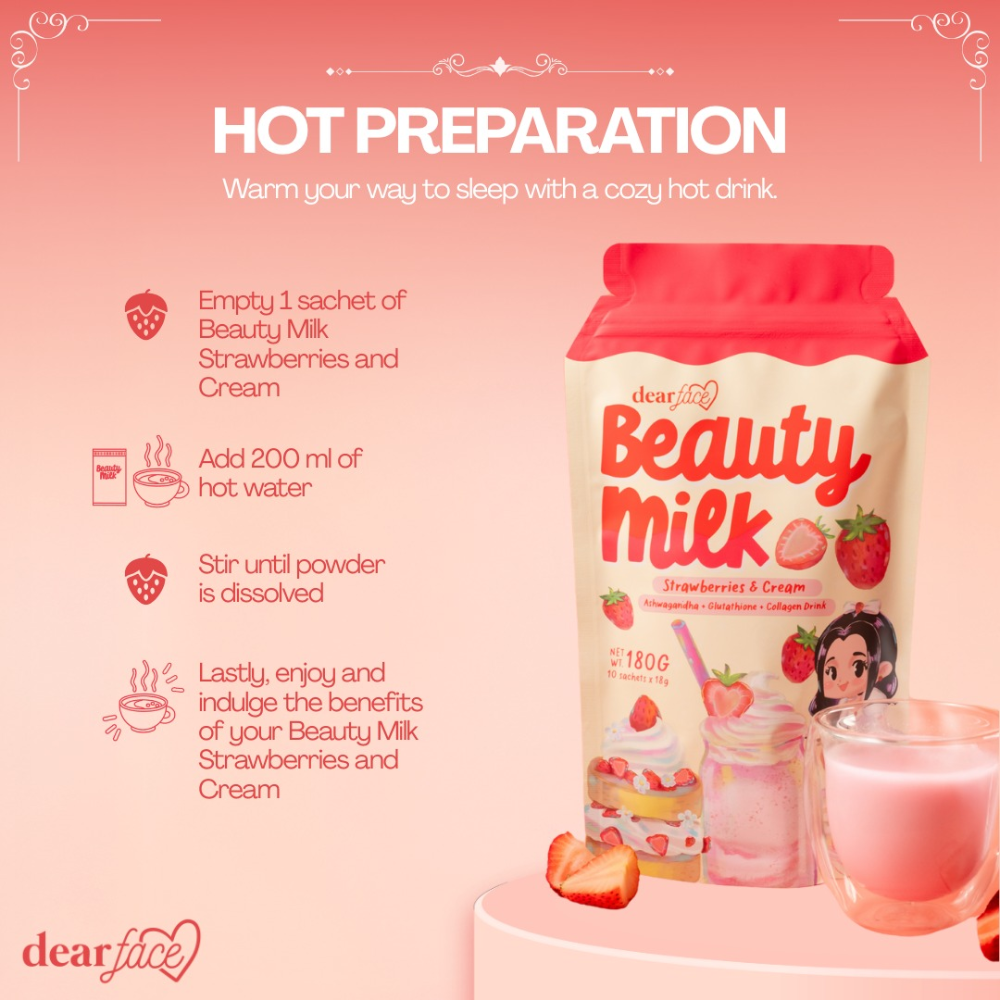 Dear Face Beauty Milk Strawberries and Cream - Ashwagandha +Glutathione + Collagen Drink