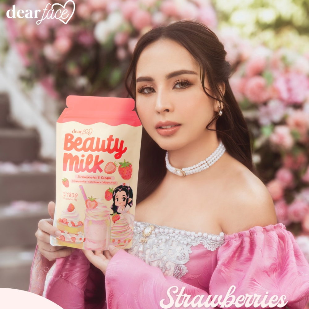Dear Face Beauty Milk Strawberries and Cream - Ashwagandha +Glutathione + Collagen Drink