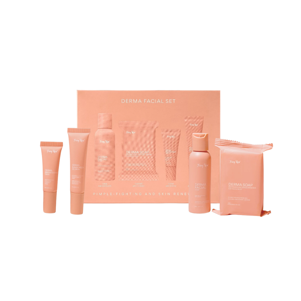 Skincare product set with various bottles and containers on a white background Fairy Skin  Derma Facial Kit - Pimple Fighting and Skin Renewing