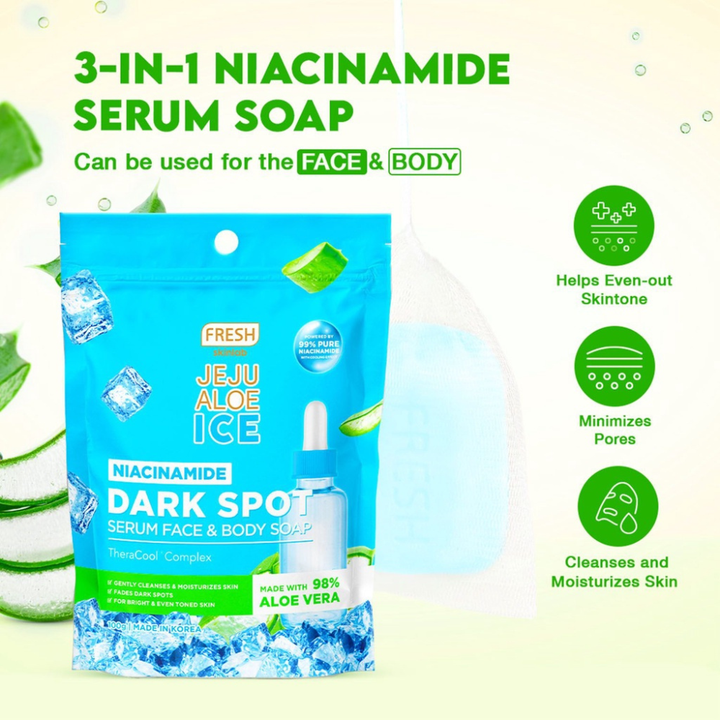 Fresh Skinlab Jeju Aloe Ice 3 in 1 Niacinamide Dark Spot Serum Face and Body Soap 