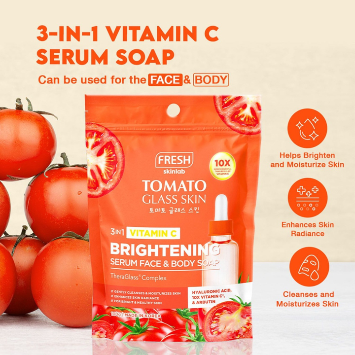 Fresh Skinlab Philippines Tomato Glass Skin 3 in 1 Vitamin C Brightening Serum Face & Body Soap 100g