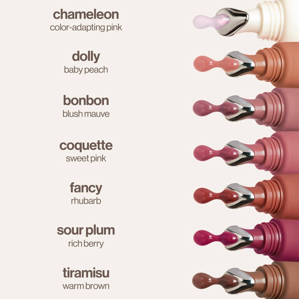 Color swatch makeup product with labeled color options on a white background Sunnies Face Lip Glaze - a peptide lip treatment