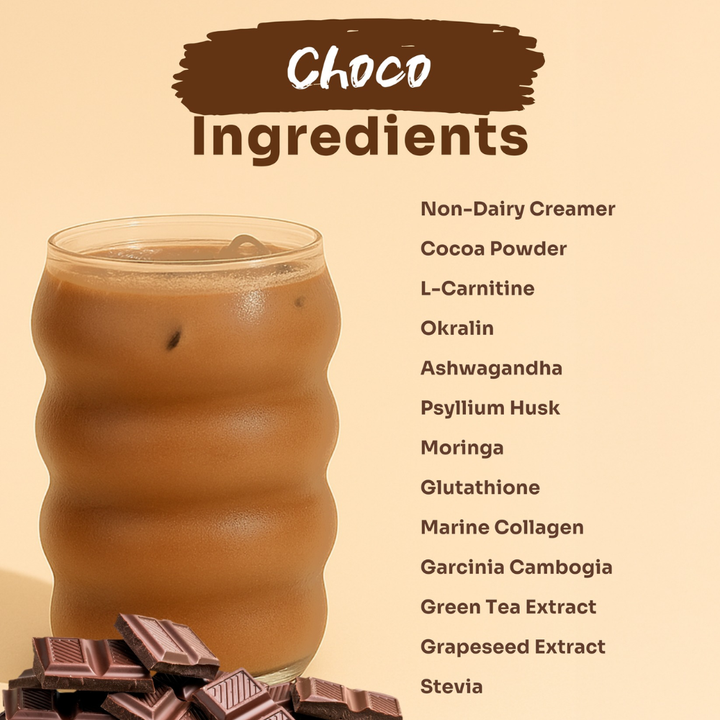 Glass of chocolate drink with ingredients listed on a beige background