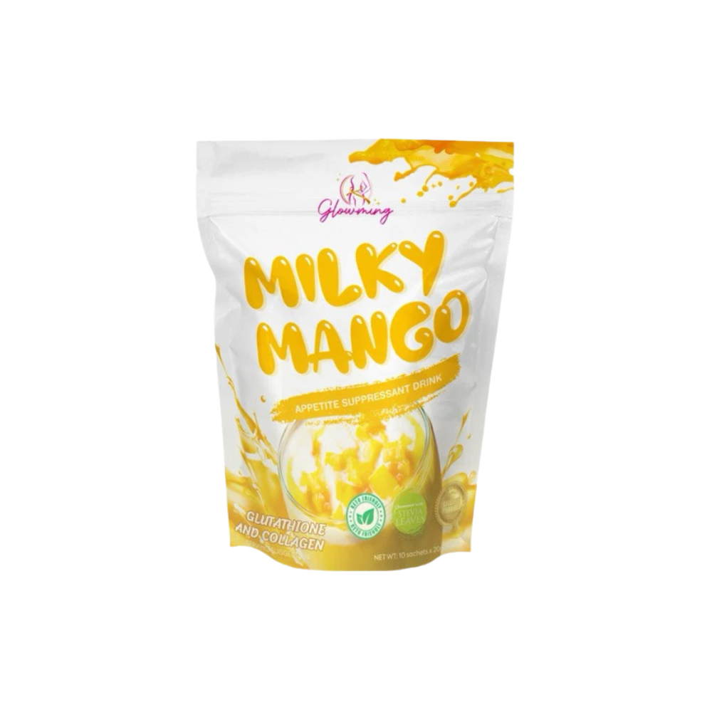 Packaging of Milky Mango snack on a white background Glowming Shape by CC Milky Mango Appetite Suppresant Drink with Glutathione and Collagen 10 sachets