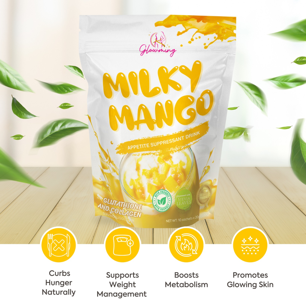 Milky Mango product packaging with green leaves in the background Glowming Shape by CC Milky Mango Appetite Suppresant Drink with Glutathione and Collagen 10 sachets