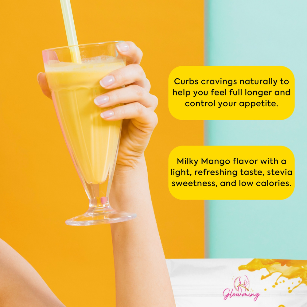 Hand holding a glass of Milky Mango smoothie with text about its benefits on a yellow and blue background. Glowming Shape by CC Milky Mango Appetite Suppresant Drink with Glutathione and Collagen 10 sachets