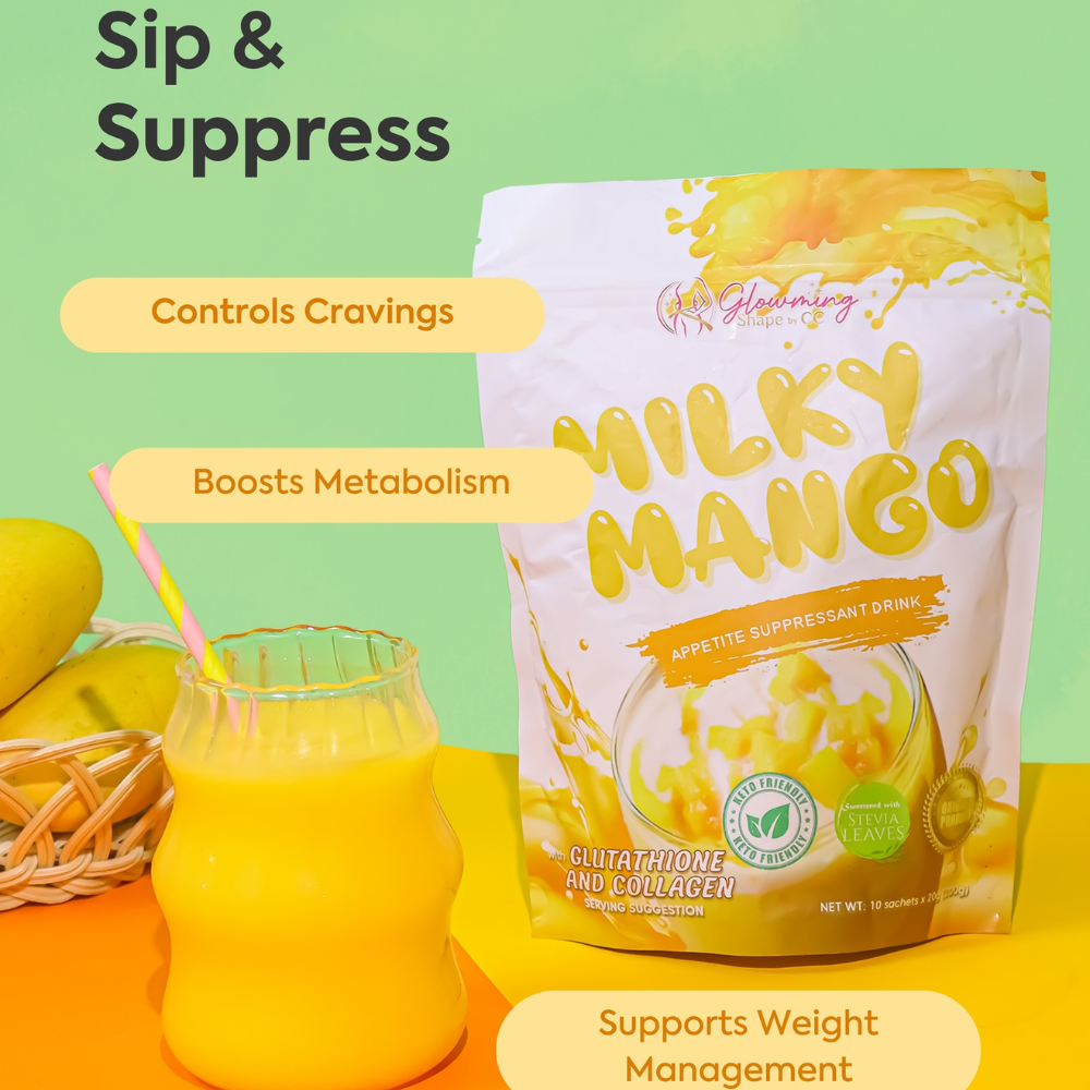 Milky Mango drink package with a glass of orange juice on a green and yellow background Glowming Shape by CC Milky Mango Appetite Suppresant Drink with Glutathione and Collagen 10 sachets