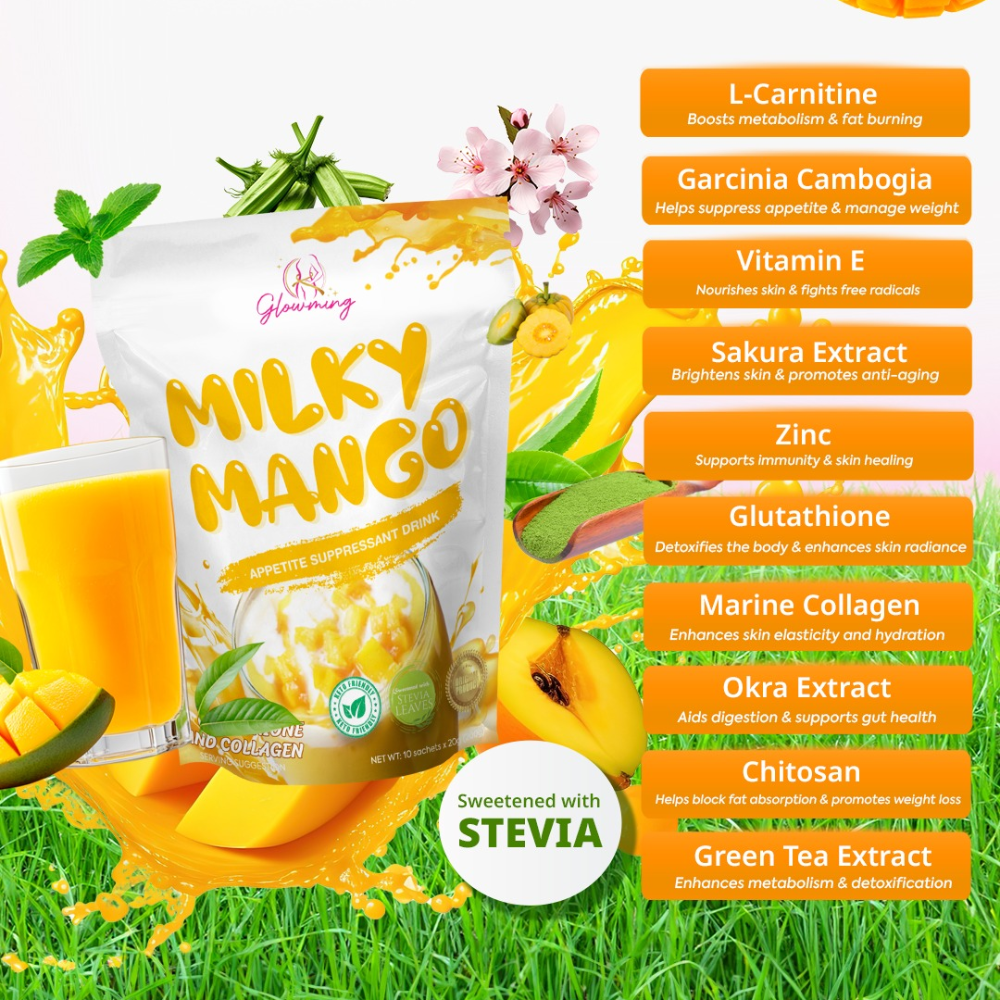 Milky Mango supplement package with health benefits listed on a green background Glowming Shape by CC Milky Mango Appetite Suppresant Drink with Glutathione and Collagen 10 sachets