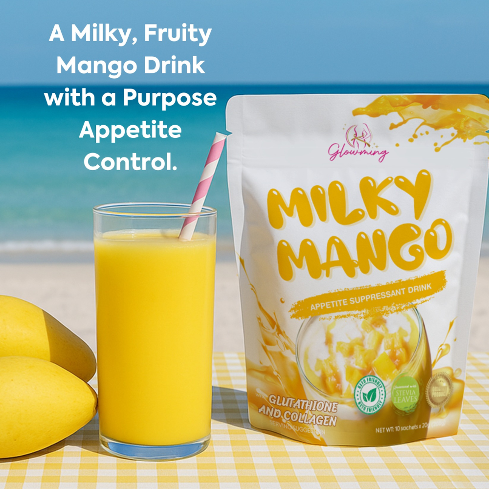 Milky Mango drink package with a glass of juice and mangoes on a beach background Glowming Shape by CC Milky Mango Appetite Suppresant Drink with Glutathione and Collagen 10 sachets