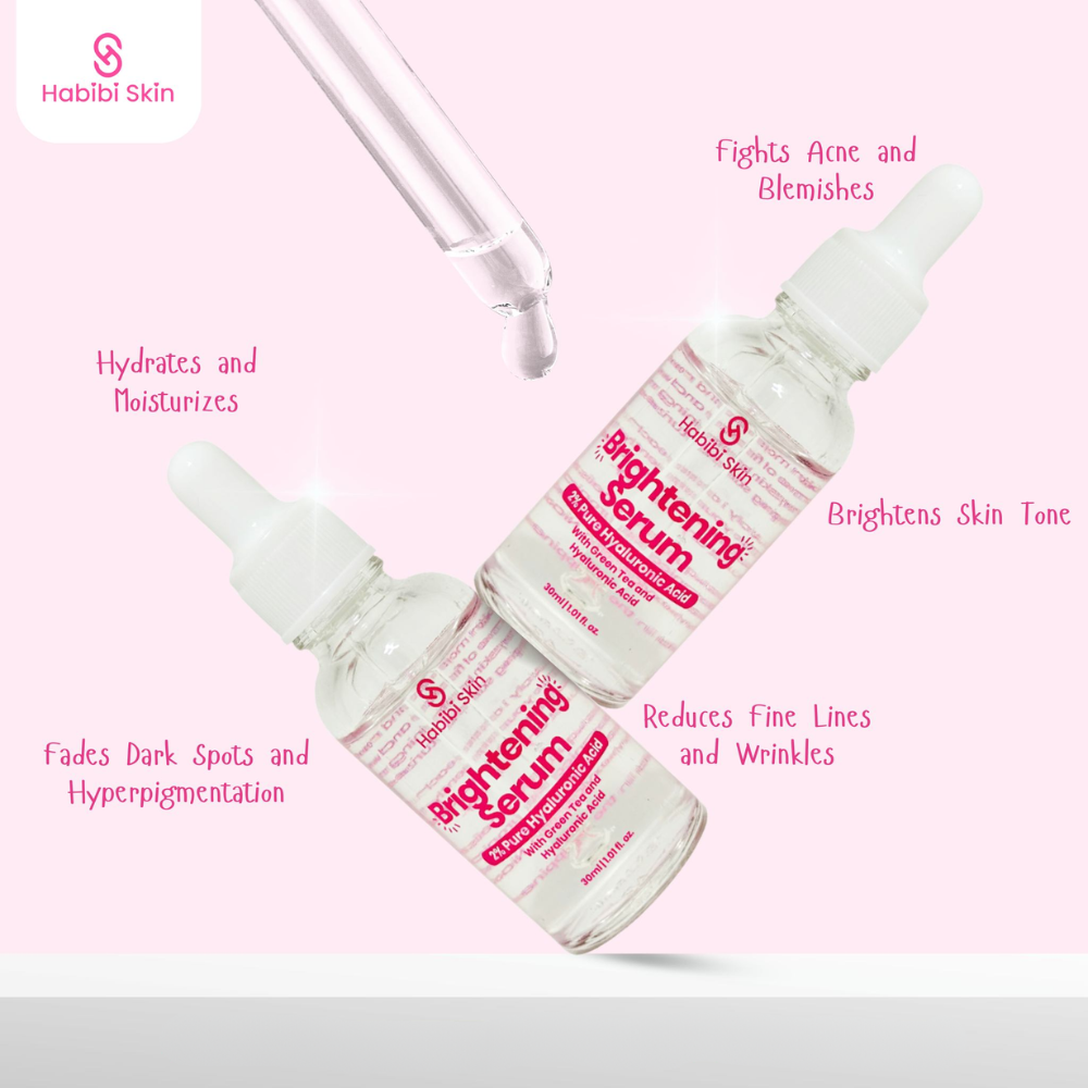 Habibi Skin brightening serum bottles with text on a pink background Habibi Skin Brightening Serum with 2% Pure Hyaluronic Acid with Green Tea 30ml