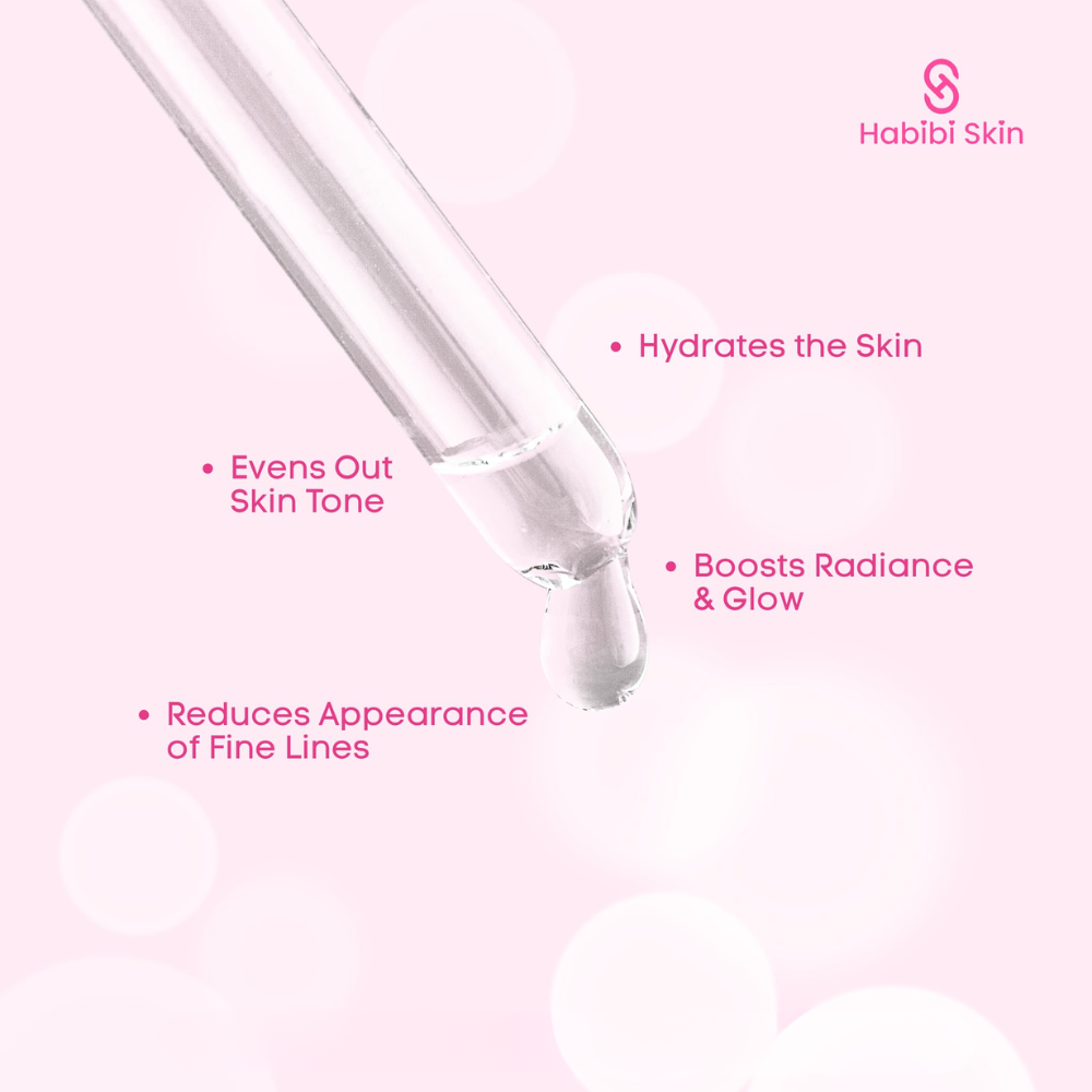 Skincare dropper with liquid and text highlighting benefits on a pink background, featuring the Habibi Skin brand. Habibi Skin Brightening Serum with 2% Pure Hyaluronic Acid with Green Tea 30ml