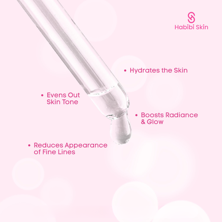 Skincare dropper with liquid and text highlighting benefits on a pink background, featuring the Habibi Skin brand. Habibi Skin Brightening Serum with 2% Pure Hyaluronic Acid with Green Tea 30ml