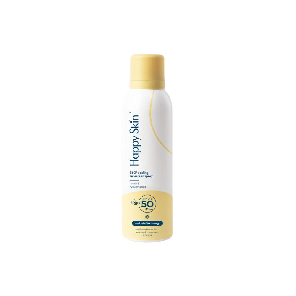 Happy Skin sunscreen spray bottle on a white background Happy Skin 360° Cooling Sunscreen Spray SPF 50 PA+++ UVA/UVB - Cool Relief Technology