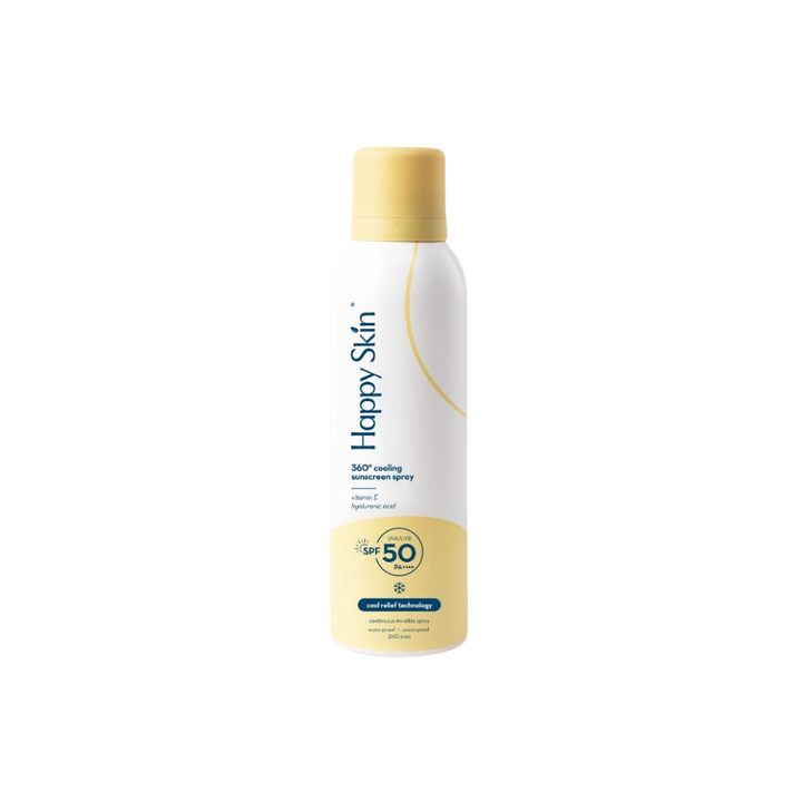 Happy Skin sunscreen spray bottle on a white background Happy Skin 360° Cooling Sunscreen Spray SPF 50 PA+++ UVA/UVB - Cool Relief Technology