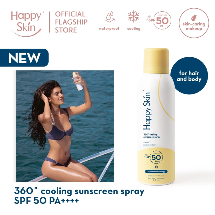 Happy Skin sunscreen spray with a model on a boat and product details. Happy Skin 360° Cooling Sunscreen Spray SPF 50 PA+++ UVA/UVB - Cool Relief Technology