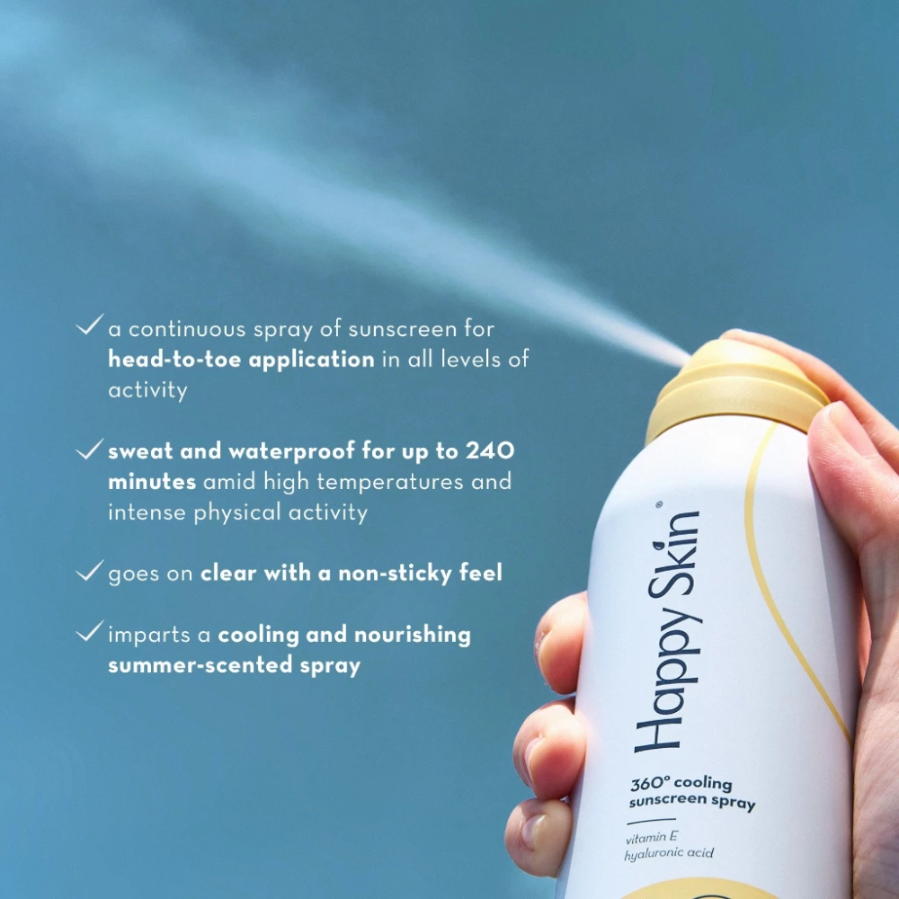 Happy Skin sunscreen spray being held with text about its features on a blue background Happy Skin 360° Cooling Sunscreen Spray SPF 50 PA+++ UVA/UVB - Cool Relief Technology