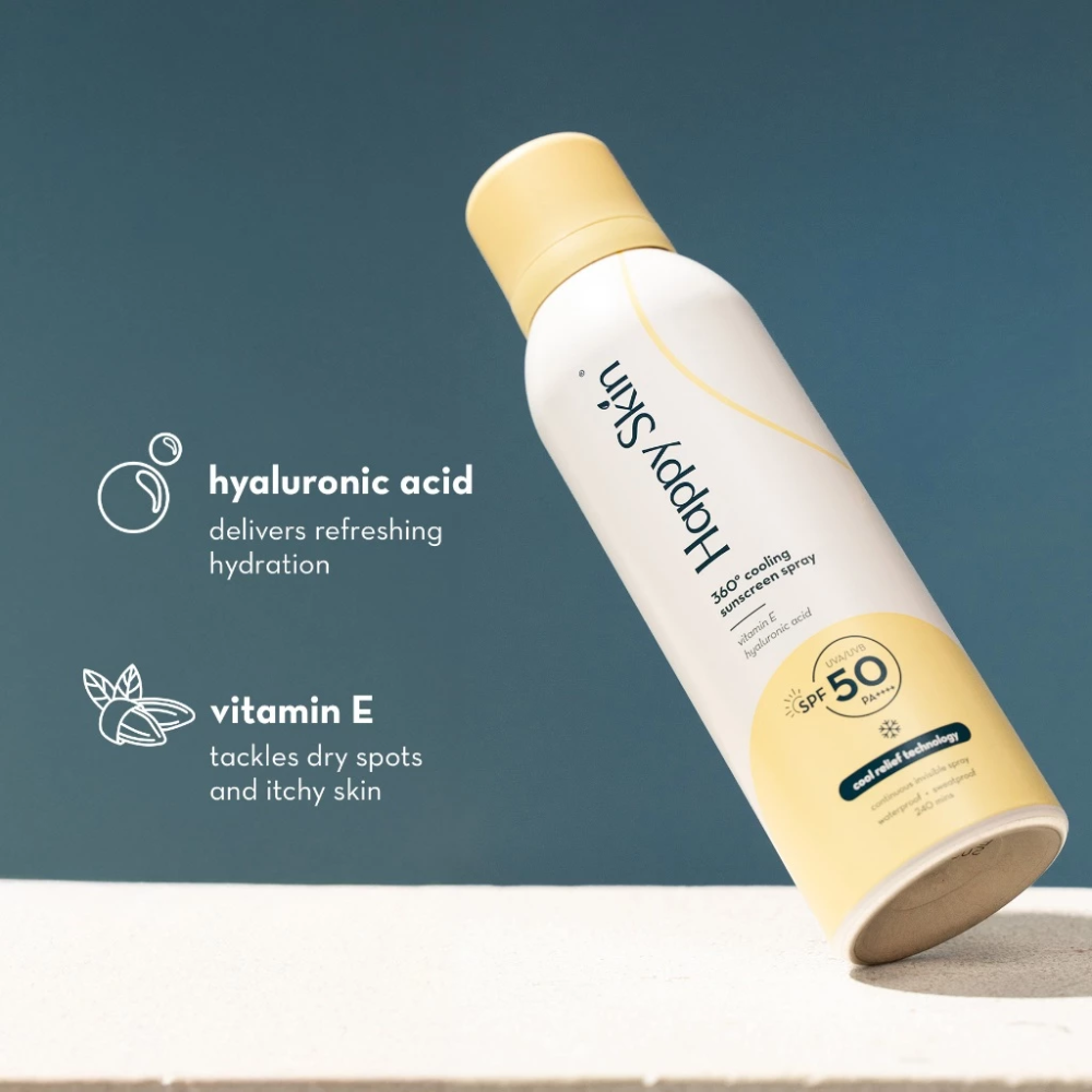 Happy Skin sunscreen spray bottle with text on a blue background Happy Skin 360° Cooling Sunscreen Spray SPF 50 PA+++ UVA/UVB - Cool Relief Technology