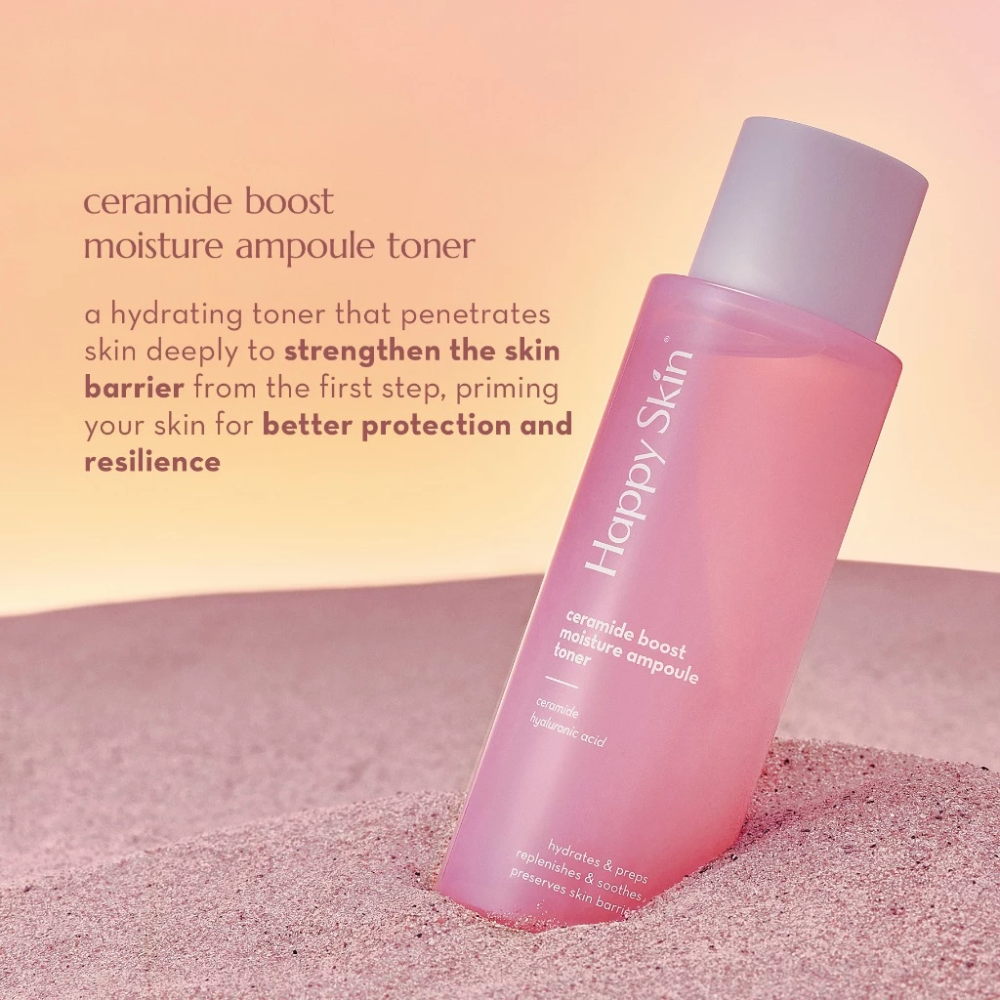 Pink toner bottle with text on a pink gradient background