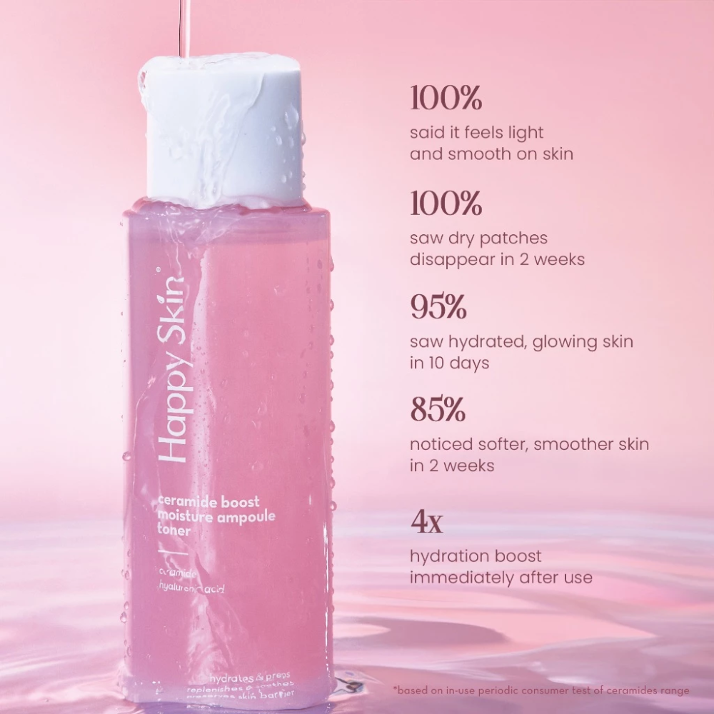 Pink bottle of 'Happy Skin' product on a pink background with text highlighting skin benefits.