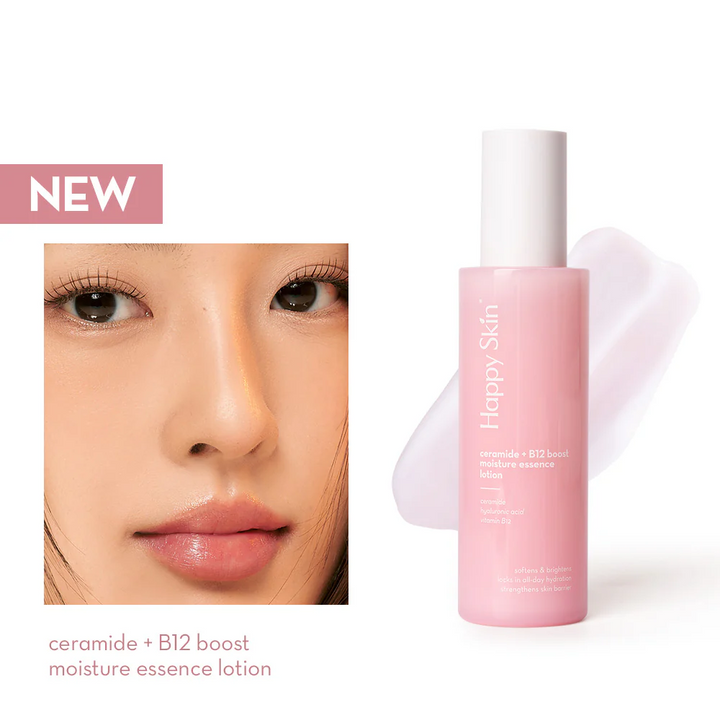 Pink bottle of 'Happy Skin' moisture essence lotion with a close-up of a person's face wearing the product. Happy Skin Ceramide + B12 Boost Moisture Essence Lotion 100ml