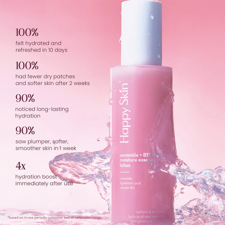 Pink bottle of 'Happy Skin' moisture essence lotion with water droplets on a pink background Happy Skin Ceramide + B12 Boost Moisture Essence Lotion 100ml