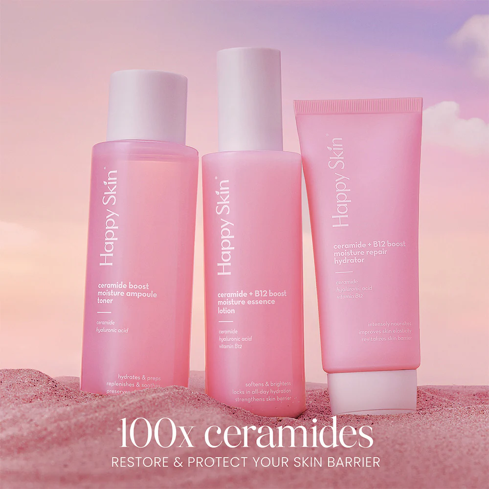 Three pink skincare products from Happy Skin on a pink and purple gradient background. Happy Skin Ceramide + B12 Boost Moisture Essence Lotion 100ml