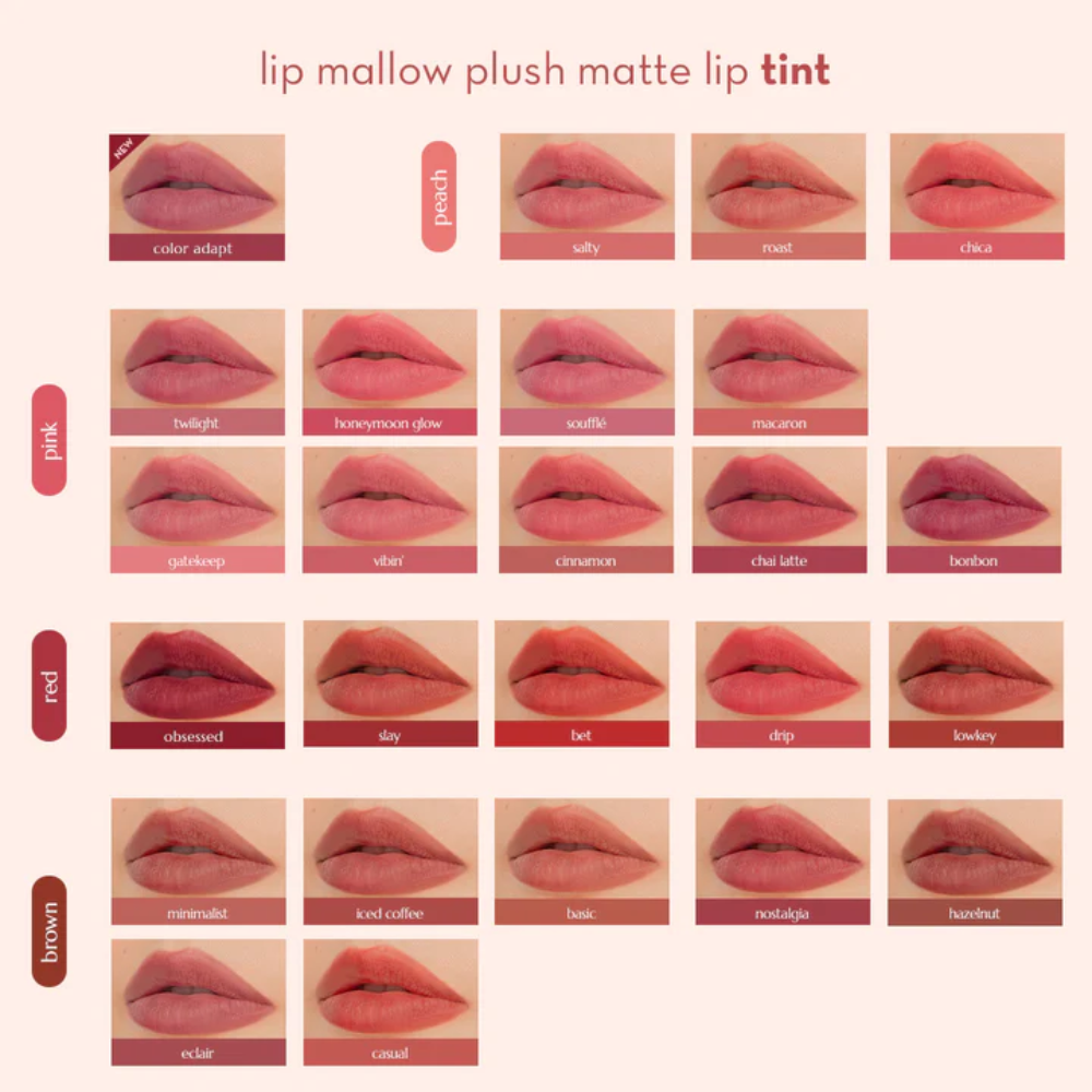Lip color swatches with labels on a beige background Happy Skin Lip Mallow Plush Matte Lip Tint