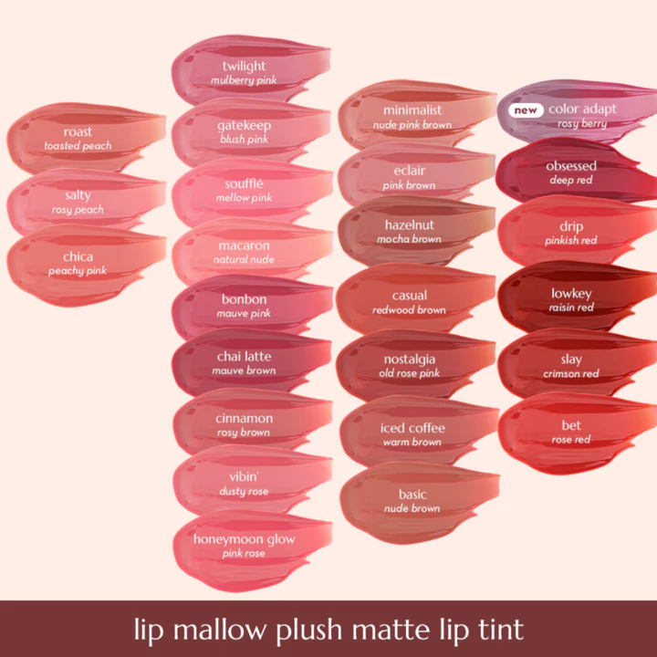 Collection of lip mallow plush matte lip tint shades with names on a light pink background Happy Skin Lip Mallow Plush Matte Lip Tint