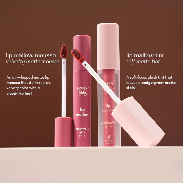 Happy Skin lip mallow mousse and tint on a brown background Happy Skin Lip Mallow Plush Matte Lip Tint