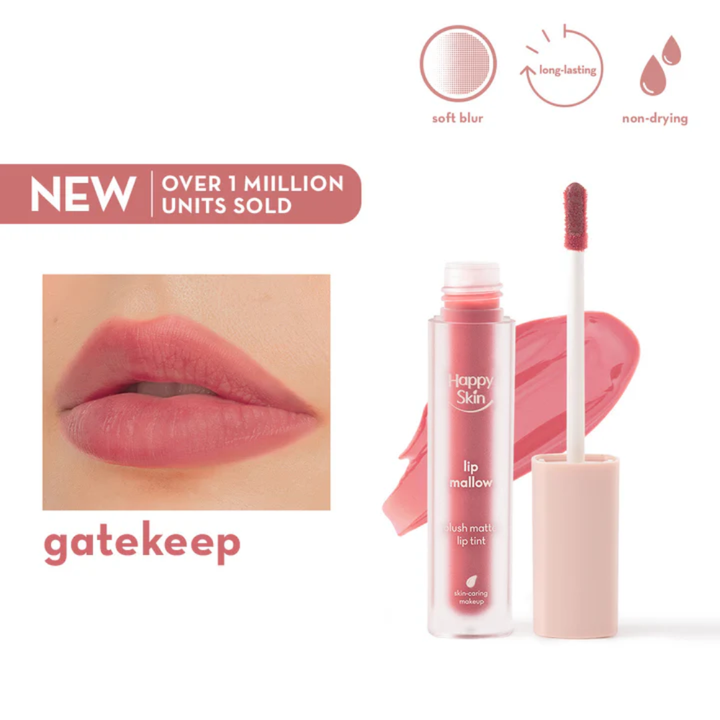 Lip tint with applicator and product details on a white background Happy Skin Lip Mallow Plush Matte Lip Tint