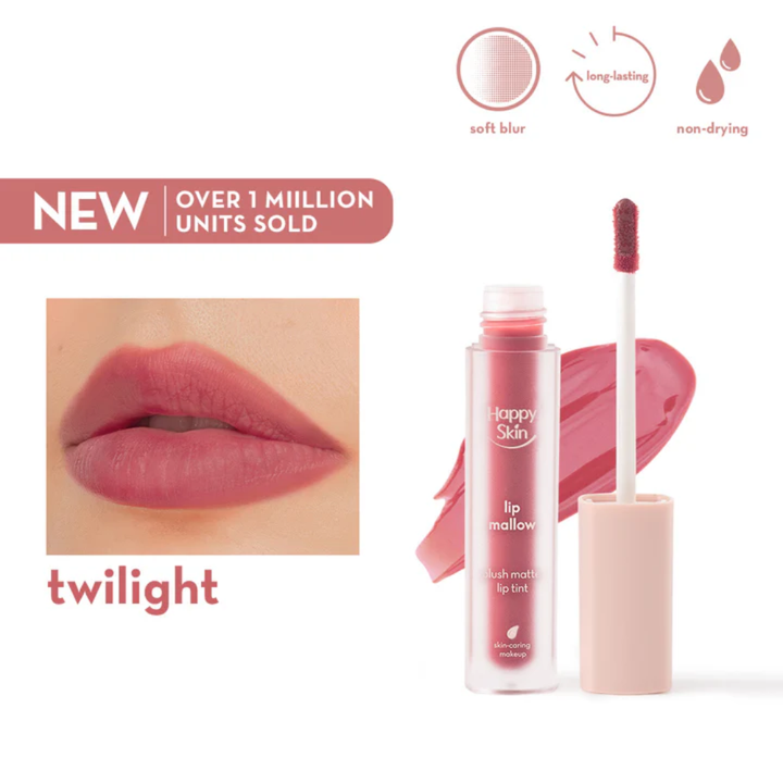 Happy Skin lip balm with applicator and product details on a white background Happy Skin Lip Mallow Plush Matte Lip Tint