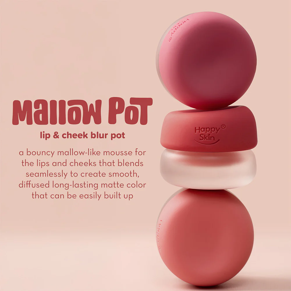 Pink lip and cheek blur pot with 'Happy Skin' branding on a beige background