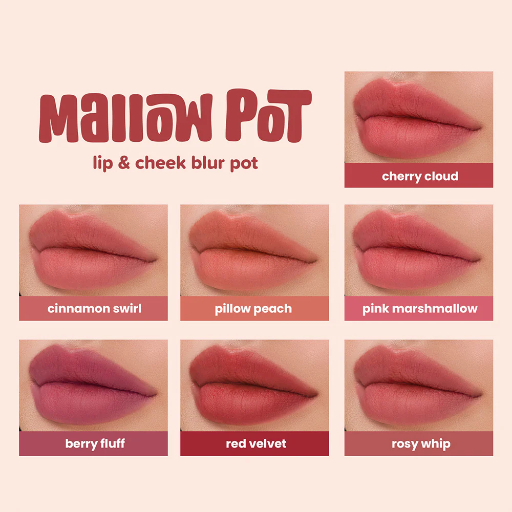 Mallow Pot lip and cheek blur pot color swatches on a beige background