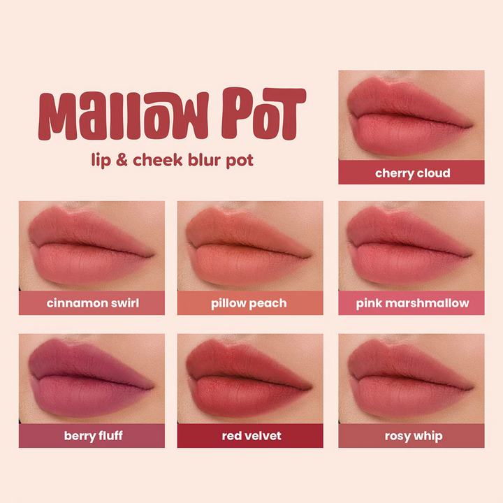 Mallow Pot lip and cheek blur pot color swatches on a beige background