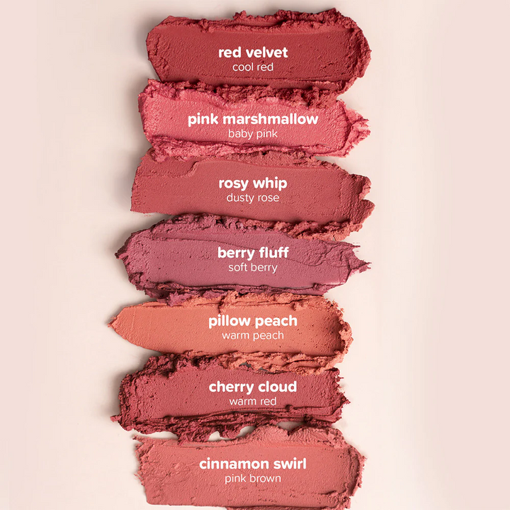 Collection of different shades of pink makeup swatches on a light pink background with color names and descriptions.
