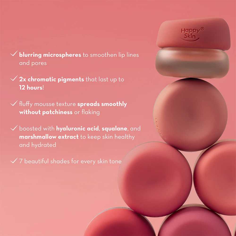 Stack of lip products with Happy Skin branding on a pink background, featuring product features.