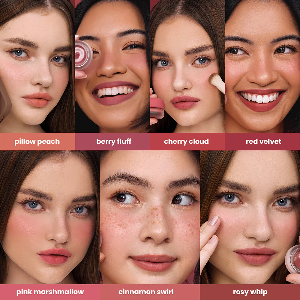 Collage of a woman applying makeup with color swatches labeled 'pillow peach', 'berry fluff', 'cherry cloud', 'red velvet', 'pink marshmallow', 'cinnamon swirl', and 'rosy whip'.