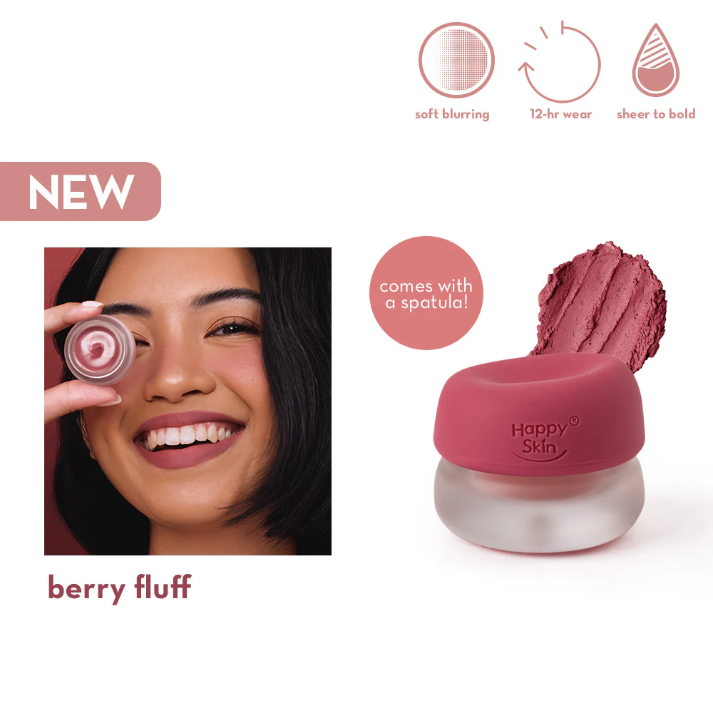 Happy Skin berry fluff makeup product with a woman applying it, on a white background.