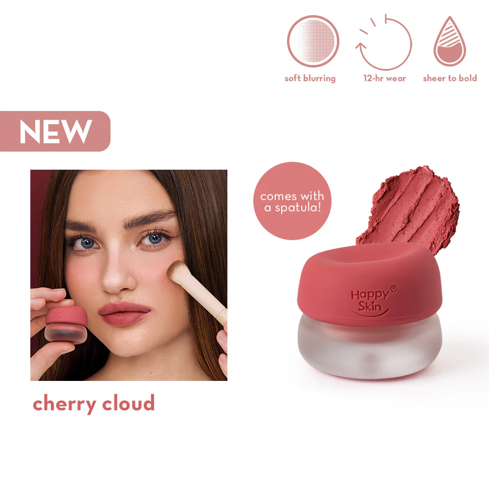 Happy Skin cherry cloud makeup product with a spatula, soft blurring, 12-hour wear, and sheer to bold range features.