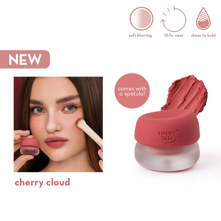Happy Skin cherry cloud makeup product with a spatula, soft blurring, 12-hour wear, and sheer to bold range features.
