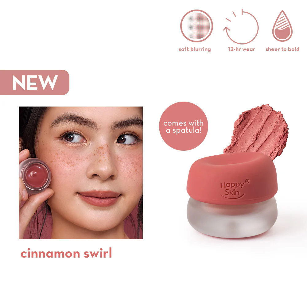 Happy Skin blush product with a spatula, labeled 'cinnamon swirl', on a white background.